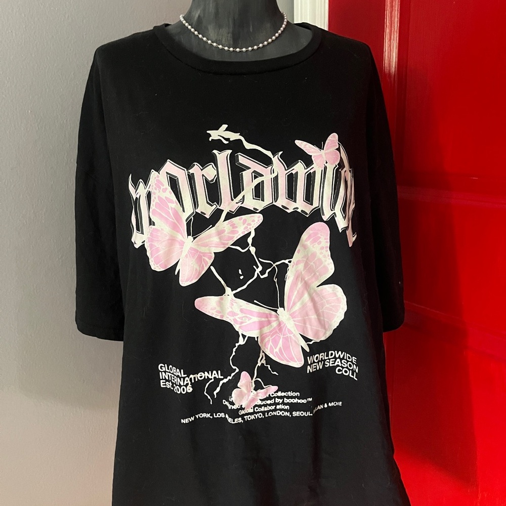 Shein Black Oversized Graphic Tee with Pink Butterflies